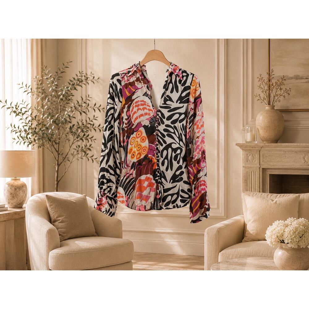 Anthropologie Let Me Be Abstract Floral Blouse Open Back Button Front Size M